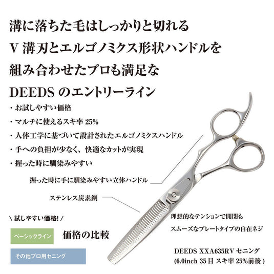 DEEDS XXA635RV Thinning Scissors, 35-tooth, V-Groove, R-Blade (6.0 inches, thinning rate approximately 25%)