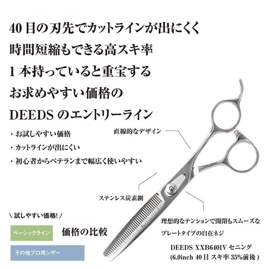 DEEDS XXB640IV Thinning Scissors, 40-tooth, V-Groove, Flat Blade (6.0 inches, Thinning Rate: Approximately 35%)