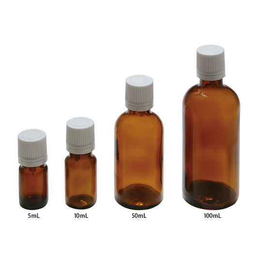 Amber Glass Dropper Bottle with White Cap (3 Sizes Available)