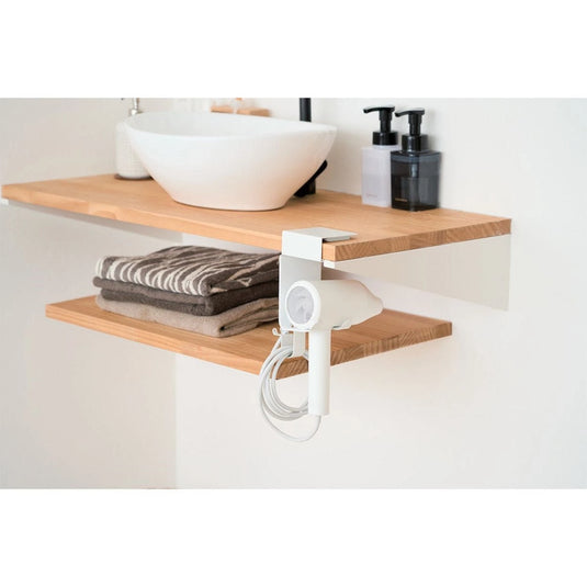 Hanging hair dryer holder with shelf hook