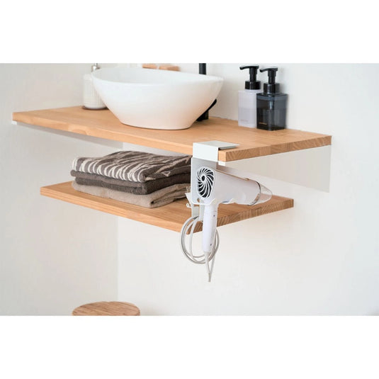 Hanging hair dryer holder with shelf hook