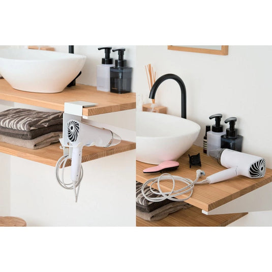 Hanging hair dryer holder with shelf hook